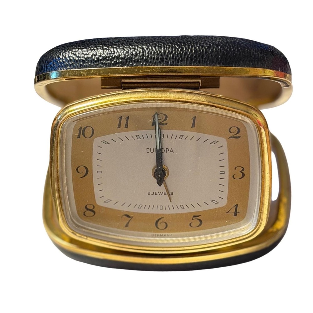 Europa Vtg Travel Alarm Clock 2 Jewels Manual Wind Germany Black Gold Case